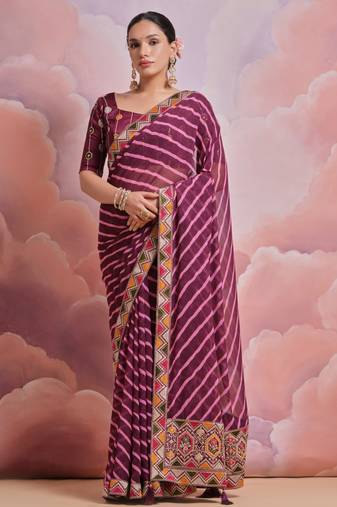 Purple leheriya georgette saree with sequin and embroidered lace