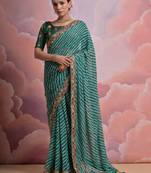 Teal georgette saree with laheriya print embroidered & sequin lace border