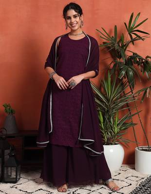 Wine embroidered georgette  Kurta pant and palazzo set 1