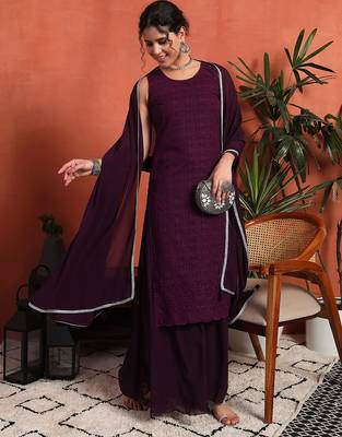 Wine embroidered georgette  Kurta pant and palazzo set 3