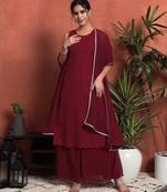 Maroon embroidered georgette women's kurta and palazzo set