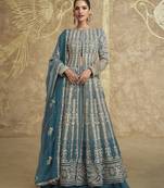 Blue embroidered silk Free Size stitched anarkali suit