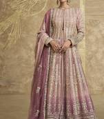 Peach Embroidered silk Free Size stitched anarkali suit