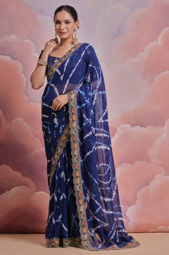 Blue tie and dye printed georgette saree with embroidered border