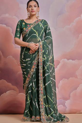 Green tie and dye printed georgette saree with embroidered border