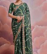 Green tie and dye printed georgette saree with embroidered border