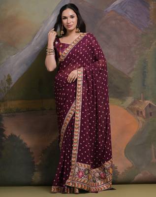 Purple bandhani printed georgette saree with embroidered border 1