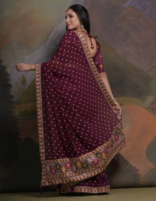 Purple bandhani printed georgette saree with embroidered border 2