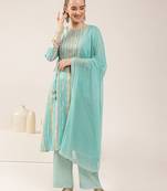 Sky blue rayon slub floral printed kurta set with dupatta for women