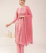 Light pink rayon slub floral printed kurta set with dupatta for women
