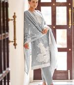 Grey poly cotton jacquard embroidered kurta set with dupatta for women