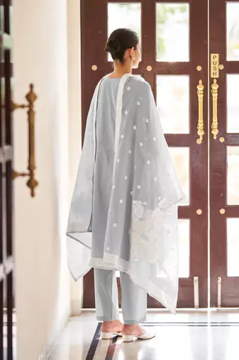 Grey poly cotton jacquard embroidered kurta set with dupatta for women