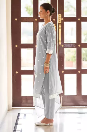 Grey poly cotton jacquard embroidered kurta set with dupatta for women