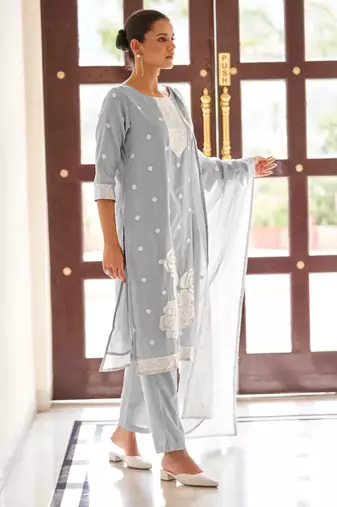 Grey poly cotton jacquard embroidered kurta set with dupatta for women