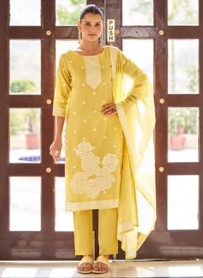 Yellow poly cotton jacquard embroidered kurta set with dupatta for women 1