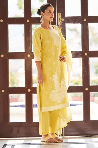 Yellow poly cotton jacquard embroidered kurta set with dupatta for women