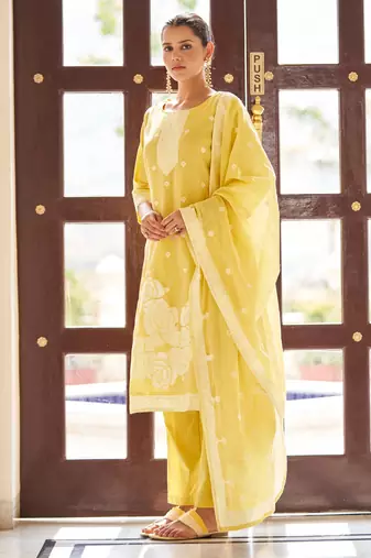 Yellow poly cotton jacquard embroidered kurta set with dupatta for women