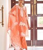 Orange poly cotton jacquard embroidered kurta set with dupatta for women