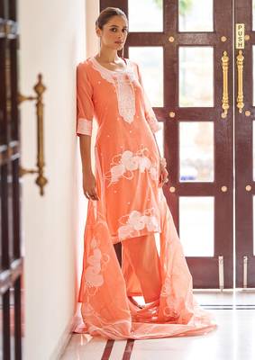 Orange poly cotton jacquard embroidered kurta set with dupatta for women 2