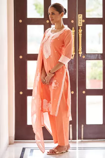 Orange poly cotton jacquard embroidered kurta set with dupatta for women