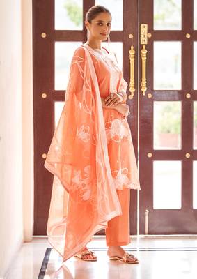Orange poly cotton jacquard embroidered kurta set with dupatta for women 4