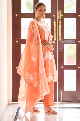 Orange poly cotton jacquard embroidered kurta set with dupatta for women
