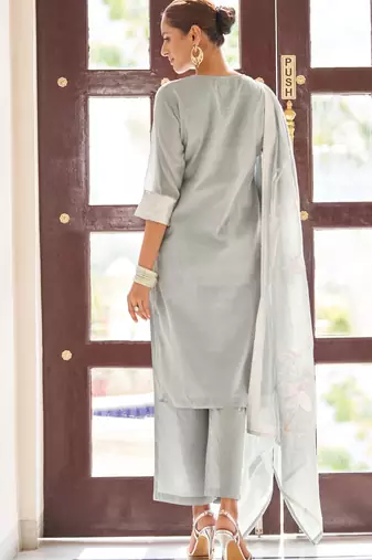 Grey poly cotton jacquard embroidered kurta set with dupatta for women