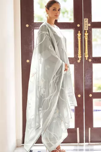 Grey poly cotton jacquard embroidered kurta set with dupatta for women