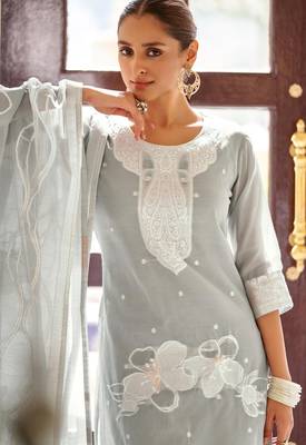 Grey poly cotton jacquard embroidered kurta set with dupatta for women 4