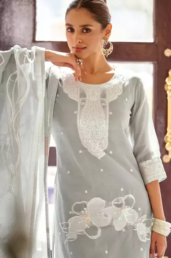 Grey poly cotton jacquard embroidered kurta set with dupatta for women
