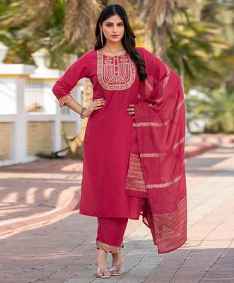 Pink cotton blend embroidered kurta set with dupatta for women 1