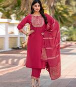 Pink cotton blend embroidered kurta set with dupatta for women