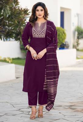 Wine chinnon embroidered kurta set with dupatta for women 1