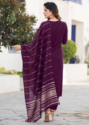 Wine chinnon embroidered kurta set with dupatta for women 3