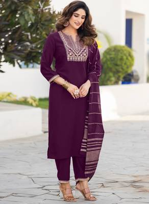 Wine chinnon embroidered kurta set with dupatta for women 4