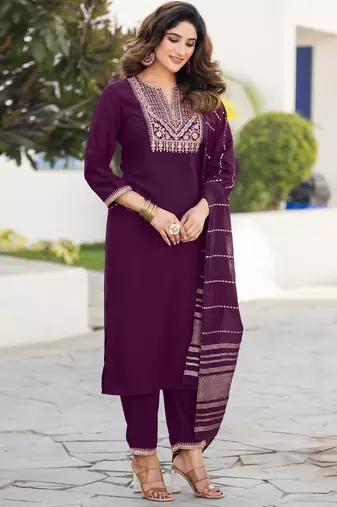 Wine chinnon embroidered kurta set with dupatta for women