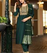 Dark green chinnon embroidered kurta set with dupatta for women