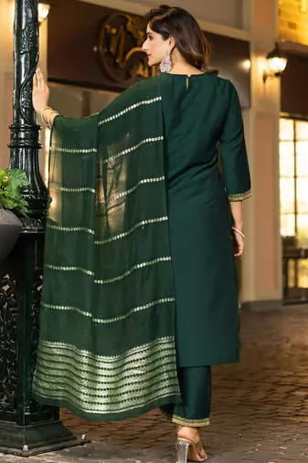 Dark green chinnon embroidered kurta set with dupatta for women