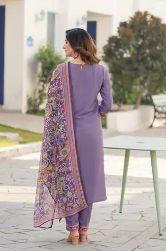 Purple chinnon printed kurta set with dupatta for women