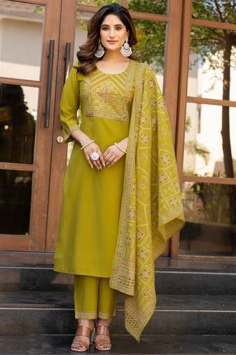 Mustard roman silk printed kurta set with dupatta for women