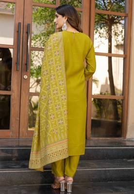 Mustard roman silk printed kurta set with dupatta for women 2