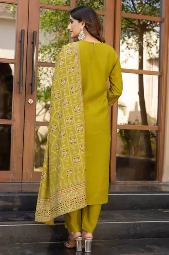 Mustard roman silk printed kurta set with dupatta for women