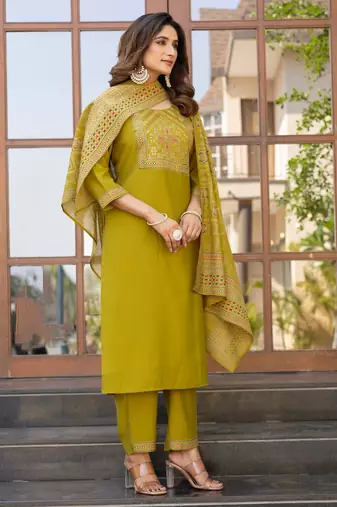 Mustard roman silk printed kurta set with dupatta for women