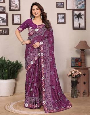 purple bandhani print embroidered vichitra art silk saree 1