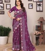 purple bandhani print embroidered vichitra art silk saree