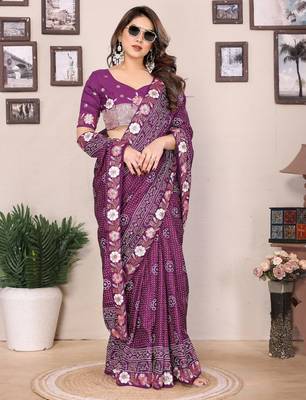 purple bandhani print embroidered vichitra art silk saree 3