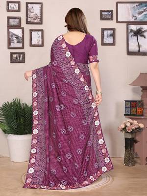 purple bandhani print embroidered vichitra art silk saree 4