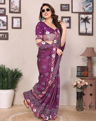 purple bandhani print embroidered vichitra art silk saree 5