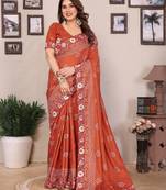 orange bandhani print embroidered vichitra art silk saree