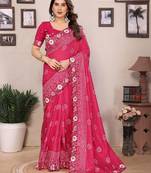 pink bandhani print embroidered vichitra art silk saree